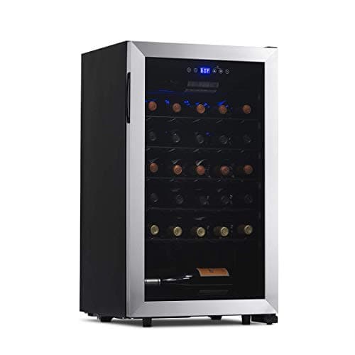 NewAir 33 Bottle Wine Fridge, Freestanding or Built-In Refrigerator, Stainless Steel Cooler, UV Protected Glass Door with Recessed Handle, Digital Thermostat