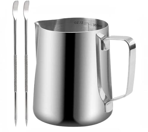 Milk Frothing Pitcher, 350ml (12oz) Milk Frother Cup Stainless Steel Jug Steaming Pitcher, Milk Coffee Cappuccino Latte Art Barista Steam Pitchers Milk Jug Cup with 2Pcs Decorating Pen