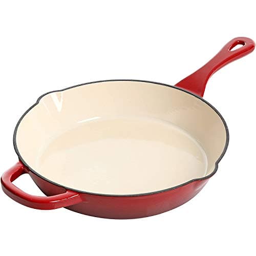 Crock-Pot 10 Inch Enameled Cast Iron Skillet with Handles - Ideal for Searing, Roasting, Frying - Even Heat Distribution, Pour Spouts - Oven-Safe & Stovetop Safe (Red)