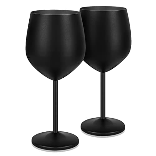 Lifecapido Stainless Steel Wine Glasses Set of 2, 18oz Stainless Steel Stem Wine Goblets, Stemmed Metal Wine Glasses with Cup Brush for Party Office Anniversary, Great for Red White Wine (Black)