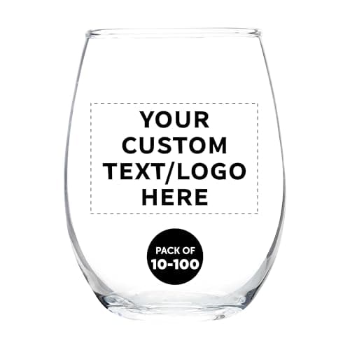 DISCOUNT PROMOS Custom Stemless Wine Glass 9 oz. Set of 10/50/100, Personalized Bulk Pack - Great for Wedding Favors, Bachelorette Party Decorations, Party Favors - Clear