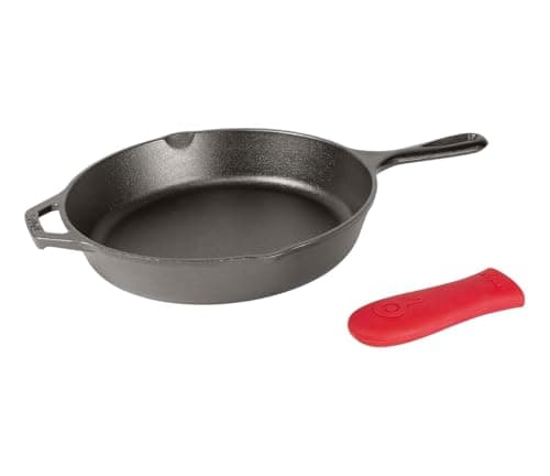 Lodge 12 Inch Cast Iron Skillet with Red Silicone Hot Handle Holder – Pre-Seasoned Frying Pan for Stove, Oven, Grill & Campfire – Made in the USA – Durable, Nonstick Cast Iron Cookware – Black