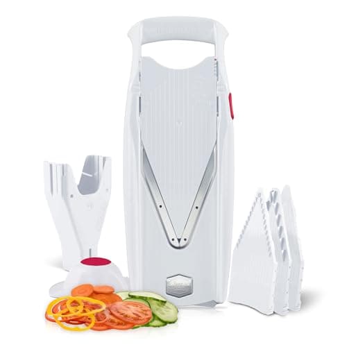 Swissmar Börner VPower V-Slicer Mandoline – Professional Kitchen Tool with Adjustable Thickness – Precision Food Slicer for Vegetables, Julienne, Shredding – Includes Safety Holder & Inserts - White