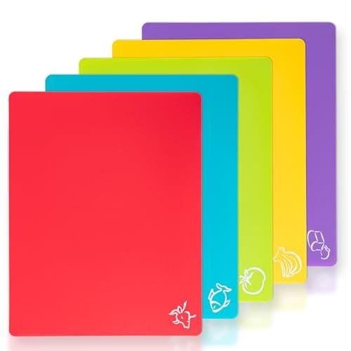 5 Pieces Flexible Plastic Cutting Board Mats with Food Icons, BPA Free Cutting Boards for Kitchen, Non Slip Cutting Mat for Meat and Vegetables (Red, Bright Yellow, Light Green, Purple, Lake Blue)