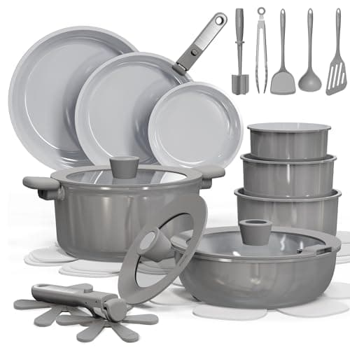 CAROTE 27pcs Ceramic Cookware Set Nonstick, Pots and Pans Set Non Stick, Non Toxic Cookware Detachable Handles, Dishwasher/Oven Safe, RV/Camping Cookware, Pan and Pot with Kitchen Utensils, Dark Gray