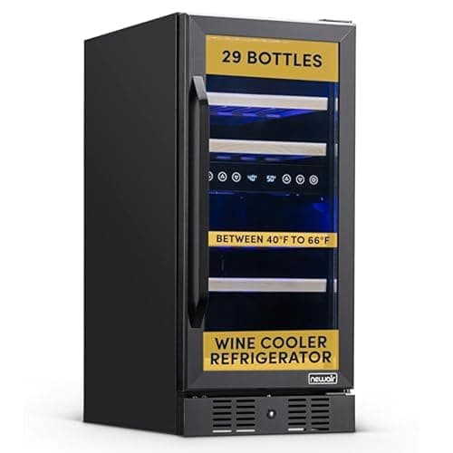 NewAir 15" Dual Zone Wine Fridge for 29 Bottles | Built-In or Freestanding Wine Cooler Refrigerator with Glass Door | Precision Cooling & Wood Shelves for Red and White Wines | Black Stainless Steel