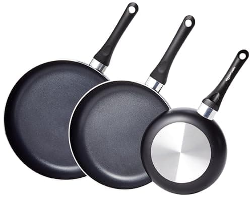 Amazon Basics Non-Stick 3-Piece Frying Pan Set with Stay Cool Handles, 8-inch, 10-inch, 12-inch, Black