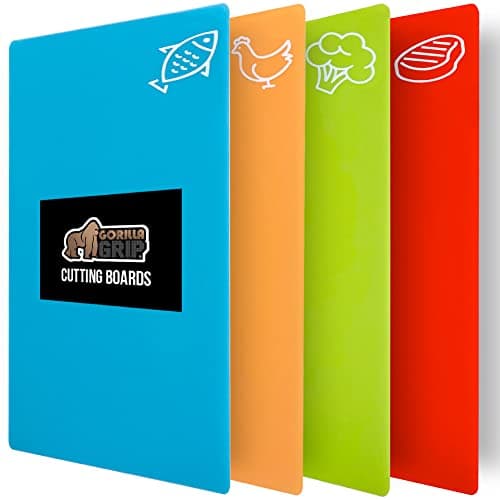GORILLA GRIP 100% BPA-Free Flexible Cutting Board Set of 4, Durable Plastic Mats with Food Icons for Meal Prepping, Large Kitchen Chopping Mat, Use for Meat Fish Vegetables Fruit, 15x12, Multicolor