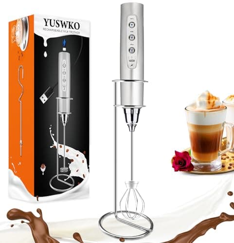 YUSWKO Silver Rechargeable Milk Frother for Coffee with Stand, Handheld Drink Mixer with 3 Heads 3 Speeds Electric Stirrers for Latte, Cappuccino, Hot Chocolate, Egg