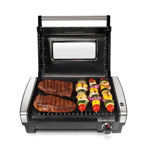 Hamilton Beach Electric Indoor Searing Grill with Viewing Window & Adjustable Temperature Control to 450F, 118 sq. in. Surface Serves 6, PFAS-Free Removable Nonstick Grate, Stainless Steel