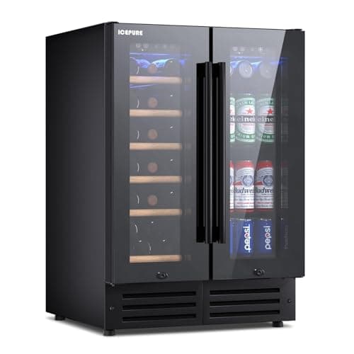 ICEPURE Wine and Beverage Refrigerator 24 Inch, Dual Zone Wine and Beverage Cooler with Glass Door, Freestanding or Built-In Wine Fridge Under Counter Lockable, Hold 19 Bottles and 58 Cans, Dark Black