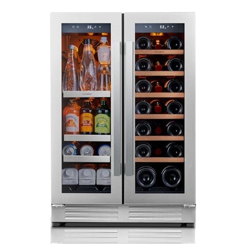Icyglee 24" Wine and Beverage Refrigerator, Dual Zone Wine Cooler with Glass Door, Hold 88 Cans & 21 Bottles, Built in or Freestanding Under Counter Wine Fridge with Blue LED Light.