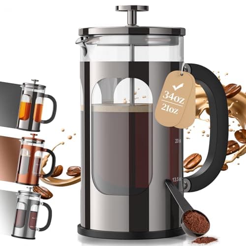 Veken French Press Coffee Maker 34oz, No Plastic Touching Cafe, Thickened Glass Stainless Steel Brewer, Cold Brew Cafetera Tea pot for Kitchen Travel Camping, Gifts, Decor, Bar Accessories, Dark Pewter