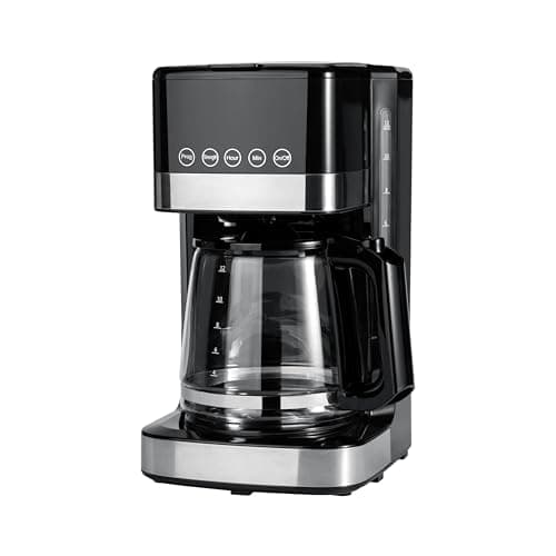 Amazon Basics Programmable 12 Cup Drip Coffee Maker, Coffee Machine with Glass Coffee Pot (1.9 Qt), Auto Shut-off, Touch Screen, Auto Pause, Removable Filter Basket, Black & Silver