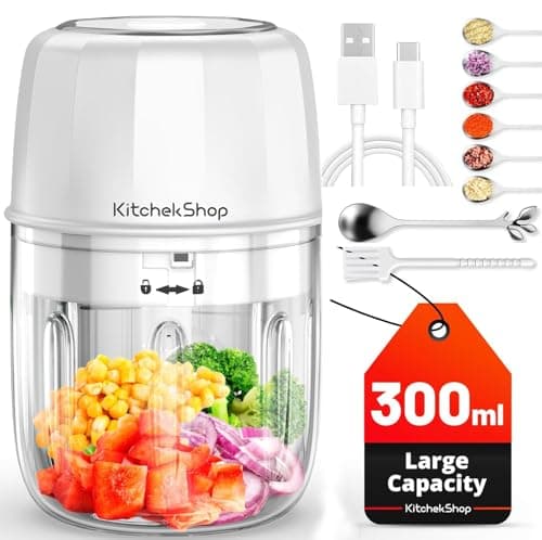 KitchekShop Electric Garlic Chopper, 300ML Portable Cordless Mini Food Processor, Rechargeable Vegetable Chopper Blender for Nuts Chili Onion Minced Meat and Spices BPA-Free (White)