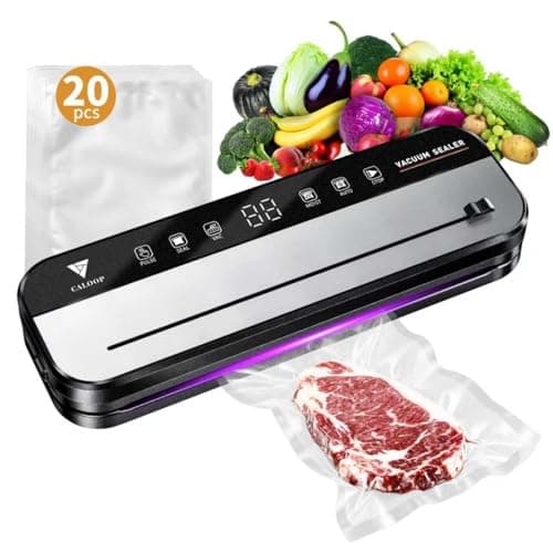 CALOOP Food Vacuum Sealer Machine with 20 Seal Bags, 80 Kpa Powerful Food Saver for Kitchen Storage, Dry/Moist Modes, Digital Countdown Timer, Compact Lightweight, Build-in Cutter