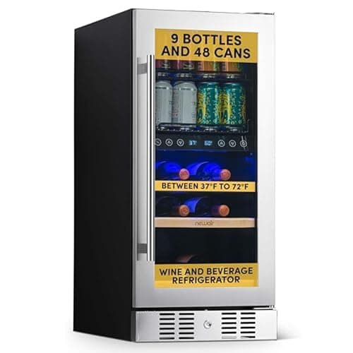 NewAir 15" Dual Zone Beverage Refrigerator & Wine Cooler for 9 Bottles & 48 Cans | Freestanding or Built-In Under Counter Mini Fridge for Beer, Wine and Soda | Stainless Steel