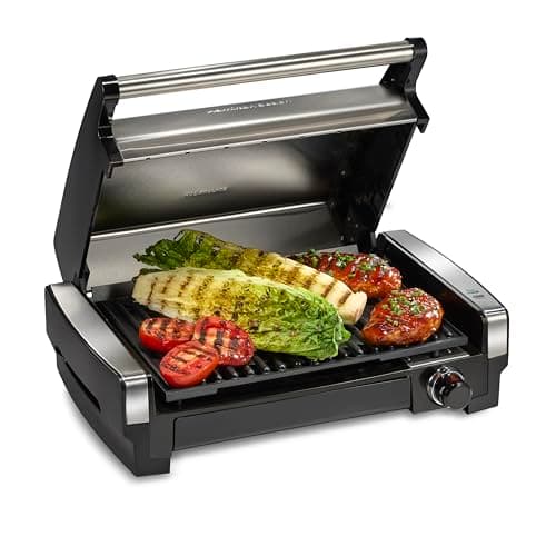 Hamilton Beach Electric Indoor Searing Grill with Adjustable Temperature Control to 450F, 118 sq. in. Surface Serves 6, PFAS-Free Removable Nonstick Grate, Stainless Steel (25360)