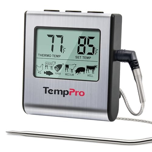 TempPro TP16 Large LCD Digital Cooking Food Meat Thermometer for Smoker Oven Kitchen BBQ Grill Thermometer Clock Timer with Stainless Steel Temperature Probe(Previously ThermoPro)