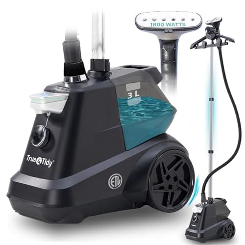 True & Tidy® Heavy-Duty Commercial Industrial Standing Garment Steamer for Clothes, 1800 watts, XL 3L water tank 90+ mins of Steam 3 Steam Settings, Step On/Off Control, Wheels for Easy Movement