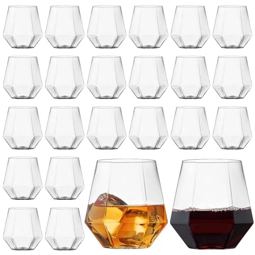 KisSealed 24 Pack Plastic Stemless Wine Glasses,12oz Disposable Plastic Whiskey Glasses,Diamond Shaped Wine Cups for Juices, Cocktails, Weddings, Birthday Parties,Bars, etc