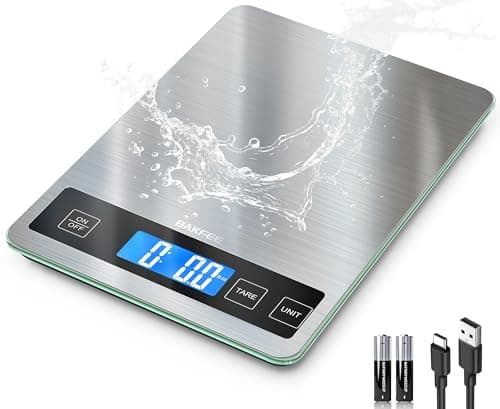 BakFee Food Scale, 33lb Digital Kitchen Scale with Stainless Steel & Tempered Glass, USB Rechargeable, 1g / 0.05oz Precise Graduation, Waterproof and Sturdy Surface, for Cooking, Baking, Weight Loss