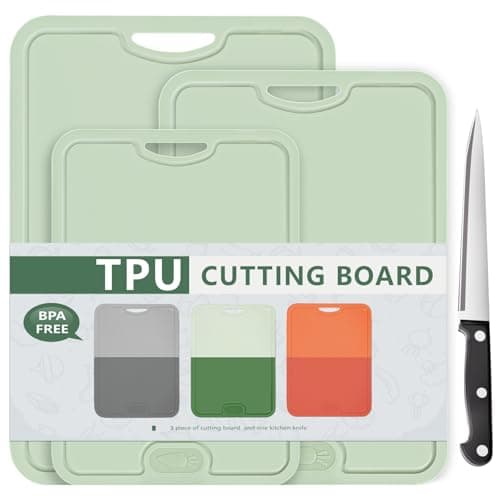 Gintan Flexible TPU Cutting Board with Knife and Juice Groove, BPA Free Flexible Chopping Boards for Kitchen Dishwasher Safe Easy Grip Handle(L+M+S-Green)