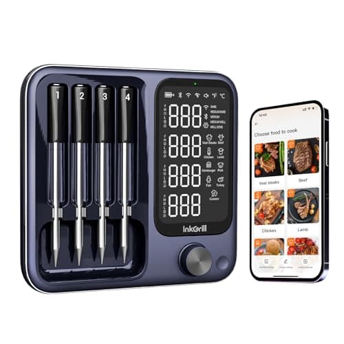 InkGrill Wireless Meat Thermometer with APP Control,4 Probes Meat Thermometer Digital, Unlimited Range WiFi & Bluetooth Meat Thermometerfor for Rotisserie,Grill,Oven,Smoker,BBQ, Air Fryer