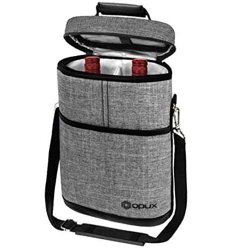 opux 2 Bottle Wine Carrier Tote, Insulated Leakproof Wine Cooler Bag, Wine Travel Bag for Picnic BYOB Beach, Portable Wine Bottle Carrying Case, Gift for Wine Lover Women Men Christmas, Heather Grey