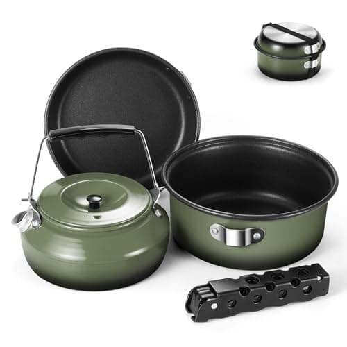 Odoland 5pcs Camping Cookware Non-Stick Camping Pot and Pan Set with Kettle and Removable Handle for Hiking Backpacking and Picnic(Green)