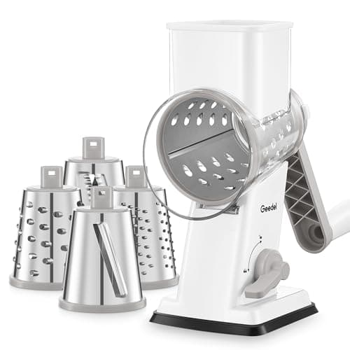 Geedel Rotary Cheese Grater - Upgraded Vegetable Shredder with 4 Interchangeable Blades, Easy to Clean Cheese Shredder with Handle, Kitchen Grater Nuts Grinder for Cutting Cheese, Vegetable, Nuts