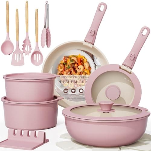 Astercook 21 Pcs Pots and Pans Non Stick Ceramic Cookware Set, Detachable Handles, RV Kitchen Cooking Set, Oven Safe, Induction Ready, Stackable, Pink