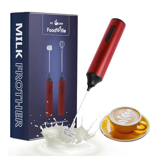 FoodVille MF05 Rechargeable Milk Frother USB Charging Handheld Foam Maker with Stainless Balloon Whisk for Cappuccino, Latte, Bulletproof Coffee, Keto Diet, Protein Powder, Matcha (Red)