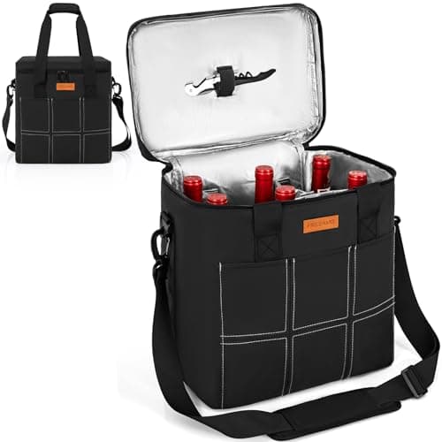 FREEAMG 6 Bottle Wine Tote Bag with Adjustable Shoulder Strap & Handle Insulated Padded Wine Cooler Bag Portable Wine Bottle Carrying Case for Picnic, Travel, Party, BYOB