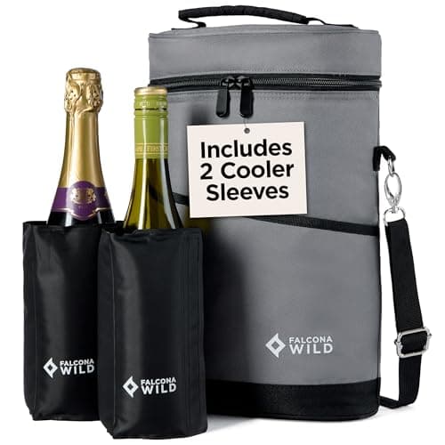 Falcona Wild Wine Cooler Bag Plus Two Cooler Sleeves – Holds 2 Bottles – Keeps Drinks Cold for Hours – Fits Standard, Tall and Champagne Bottles – Portable Insulated Wine Tote Carrier Bags For Travel