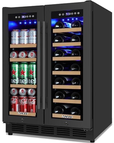 Wine and Beverage Refrigerator 24", Upgraded Dual Zone Wine Beverage Cooler with Glass Door and French Door, Hold 21 Bottles & 88 Cans, Built-In or Freestanding - Black