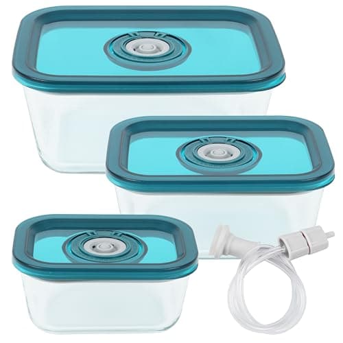 Avid Armor BPA-Free Borosilicate Glass Vacuum Containers, Set of 3 (12.5 oz, 23.7 oz, 38.9 oz) – Green SAN Lid with Date Coding, Works with Most Vacuum Sealers for Dry Goods & Marinating Includes Hose
