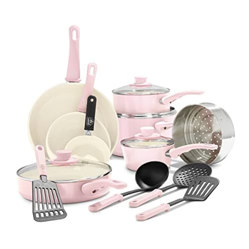GreenLife 16 Piece Nonstick Cookware Set, Soft Grip Non-Toxic PFAS-Free Ceramic Pots & Pans, Dishwasher & Oven Safe, Frying, Sauce, Saute, Utensils, Glass Lids, Stay-Cool Handles, Wobble Free, Pink