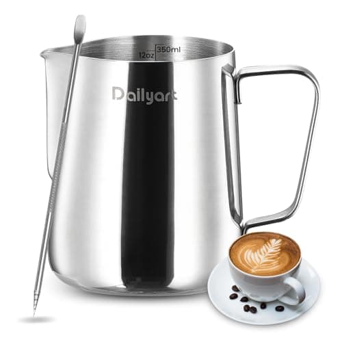 Milk Frothing Pitcher, Dailyart 12oz/350ml Milk Frother Cup 304 Stainless Steel Milk Steamer Cup with Scale, Espresso Machine Accessories, Milk Pitcher with Art Pen for Cappuccino Coffee Latte Art