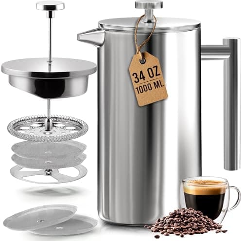 Utopia Kitchen 304 Grade Stainless Steel French Press Coffee Maker 34 Oz, Double Wall Insulated Coffee Press with 4-Level Filtration System, Include 2 Extra Filters, Rust-Free, Dishwasher Safe, Silver