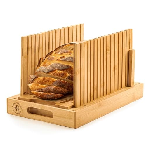 Bread Slicer for Homemade Bread - Bambüsi Upgraded Adjustable Bamboo Bread Cutter Board, Foldable Slicing Guide with Crumb Tray for Sourdough, Artisan Loaves, Bagels, Cakes, Bakery Kitchen Gadget Gift
