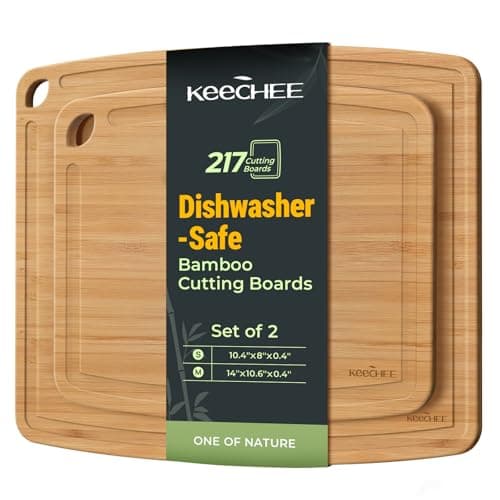 Keechee Dishwasher Safe Bamboo Cutting Boards Durable Lightweight Wood Cutting Board for Busy Kitchen, Easy Storage & Clean Wooden Chopping Boards with Juice Groove Set of 2 (M+S)