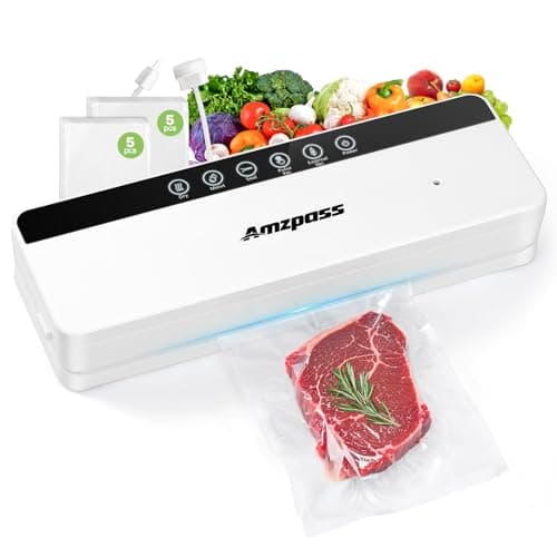 Amzpass Vacuum Sealer for Food, 6-in-1 Food Vacuum Sealer Machine, 80kPa Suction Power Food Sealer Vacuum Sealer, Compact Vacuum Sealers with 10 Vacuum Bags, External VAC for Jars & Containers, White