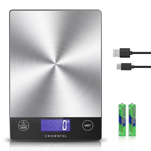 CROWNFUL Food Scale, 33lb Rechargeable 304 Stainless Steel Digital Kitchen Scale Weight Grams and Ounces with LCD Display and Type-C Charging for Meal Prep, Baking and Cooking