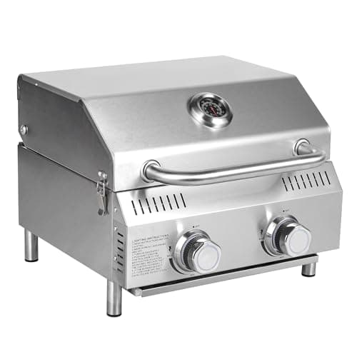 Bestfire Tabletop Gas Grill 2 Burners, 20,000 BTUs Stainless Steel Portable Propane Grill with Legs for Outdoor Patio Backyard Camping, Tailgating, and RV Trips