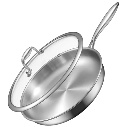 EWFEN 12 Inch Tri-Ply Stainless Steel Frying Pan, Compatible with All Cooktops Up to 600℉, Large Frying Pan with lids, Induction-Ready Skillet, Dishwasher and Oven Safe, Even Heat, 12" Skillet + Lid