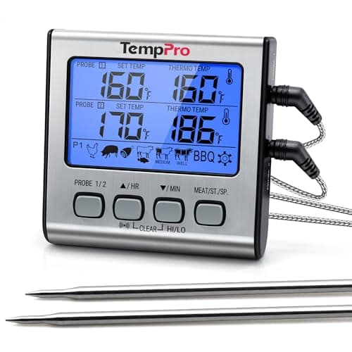 TempPro TP17 Dual Probe Digital Cooking Meat Thermometer Large LCD Backlight Food Grill Thermometer with Timer Mode for Smoker Kitchen Oven BBQ, Silver (Previously ThermoPro)