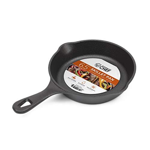 Commercial CHEF 6.5-Inch Cast Iron Skillet Pan, Pre-Seasoned Cast Iron, Integrated Hanging Hole in Handle, Works on All Cooktops Including Induction, Outdoor Skillet for Campfires or Grills, CHFL650