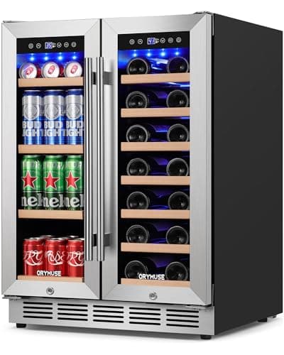 ORYMUSE 24 Inch Dual Zone Wine and Beverage Refrigerator, Built-in or Freestanding Cooler with French Doors, Under Counter Drink Fridge with Upgraded Compressor for Beer, Wine, and Soda