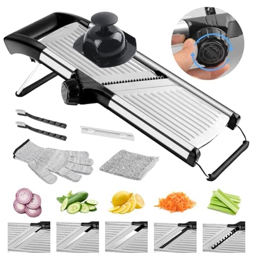 NIOSAVM commercial Mandoline Slicer,Stainless Steel Vegetable Slicer,non-slip mandoline slicer for kitchen,Keto,Potato,cucumber,4 Blades & Cut-Resistant Gloves(Includes Brush & Cloth).
